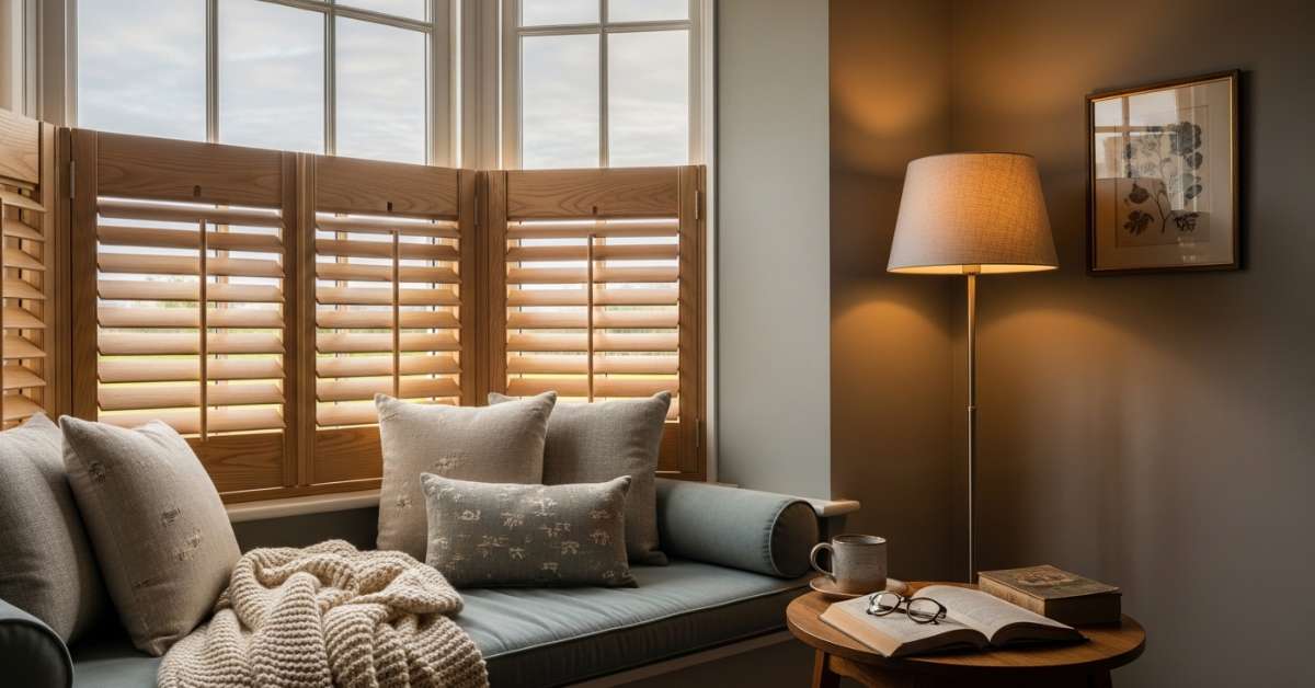 Cafe Shutters in Bay Window near a Reading Nook