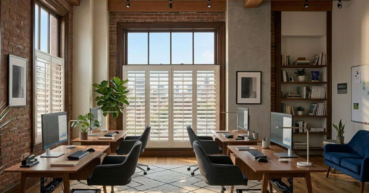 This is a photo of a shutters in an office- commercial window treatments