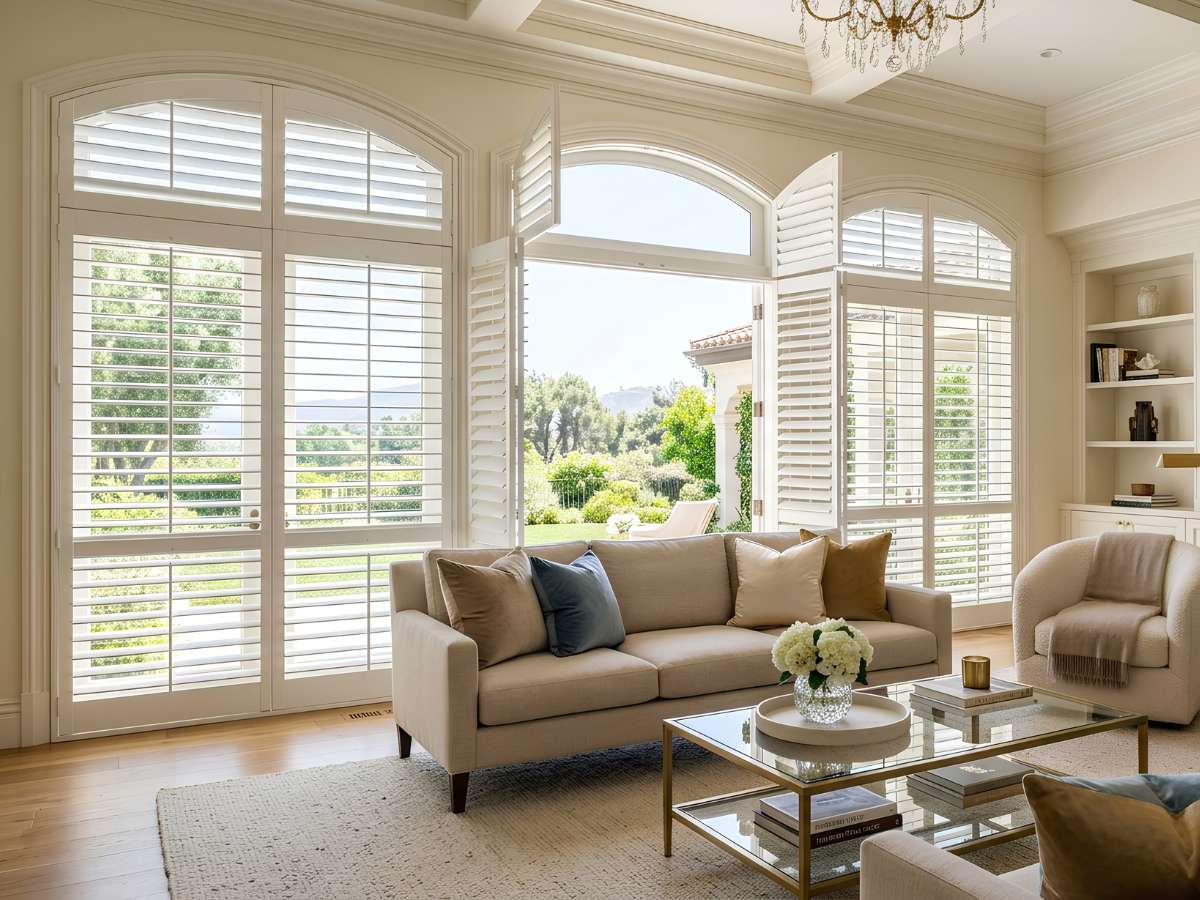 White Shutters in a Living Room with Arched Windows