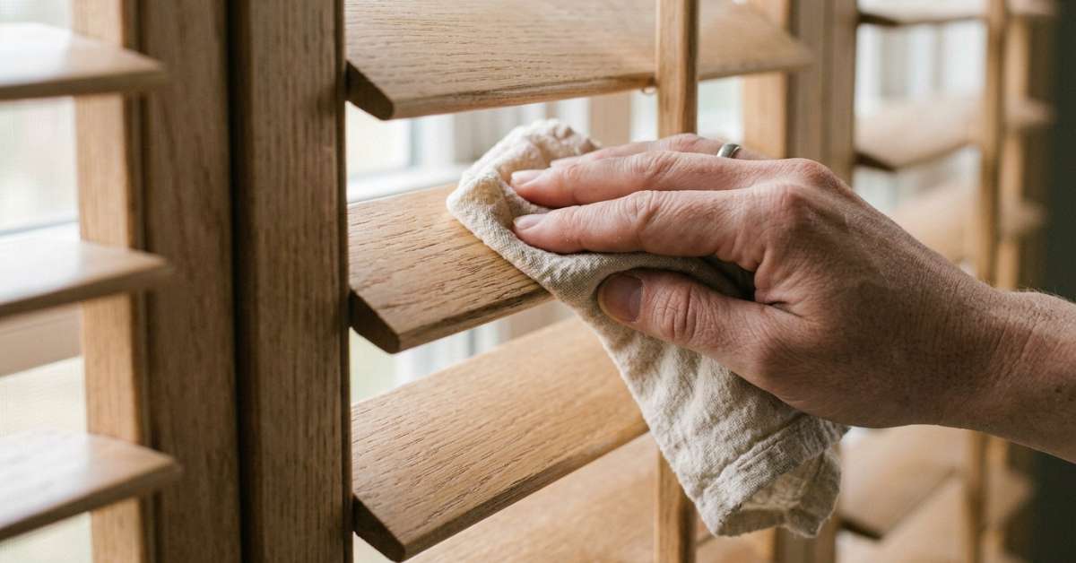 This is a photo of a hand wiping wood shutters with fiber cloth